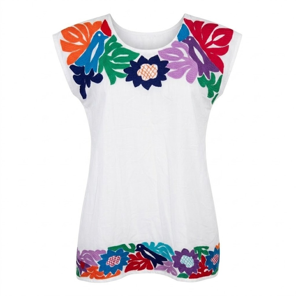 J. Marie White Embroidered Floral Bird Mini Dress Small Cap Sleeve Side Pockets